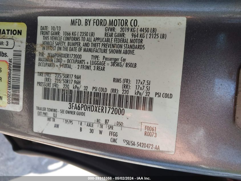 3FA6P0HDXER172000 | 2014 FORD FUSION