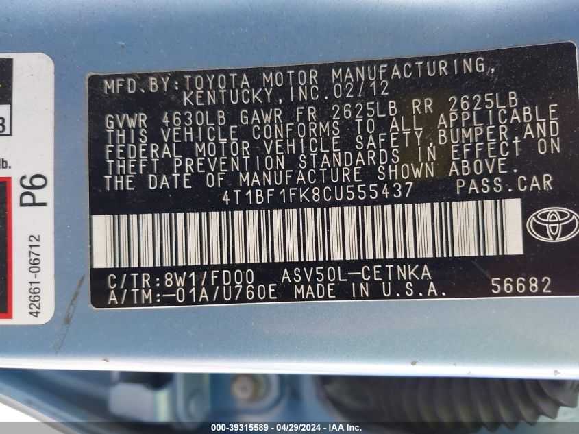 4T1BF1FK8CU555437 | 2012 TOYOTA CAMRY