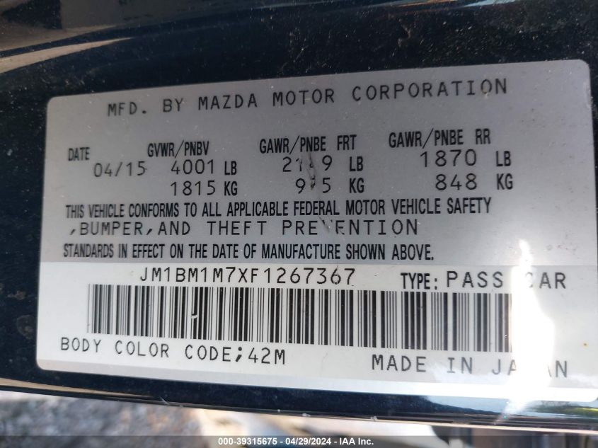 2015 Mazda Mazda3 I Grand Touring VIN: JM1BM1M7XF1267367 Lot: 39315675