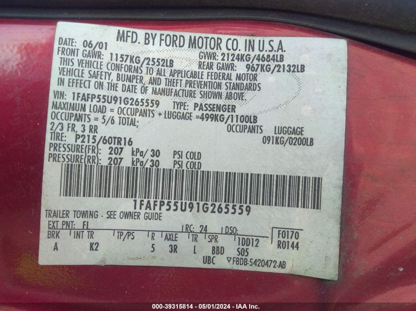 1FAFP55U91G265559 2001 Ford Taurus Ses