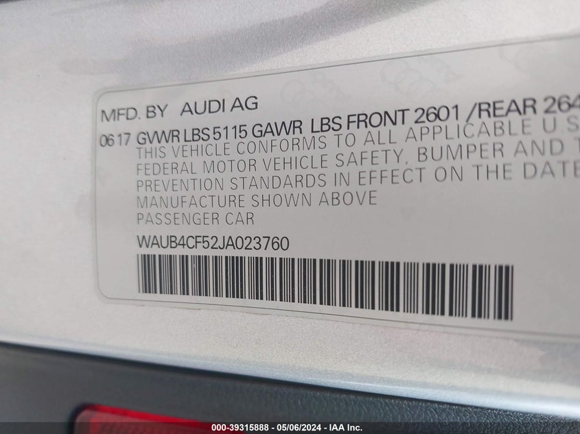 VIN WAUB4CF52JA023760 2018 AUDI S5 3.0T PREMIUM PLUS
