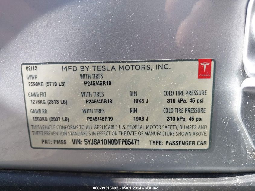 5YJSA1DN0DFP05471 | 2013 TESLA MODEL S