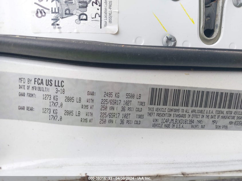 VIN 1C4PJMLB1KD181394 2019 JEEP CHEROKEE LATITUDE PLUS 4X4