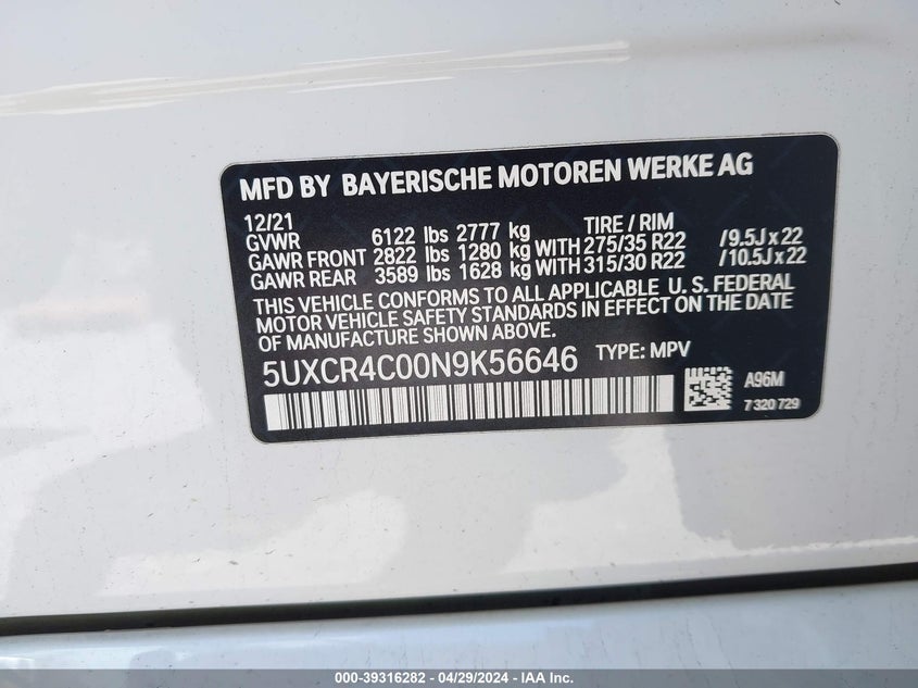 2022 BMW X5 VIN: 5UXCR4C00N9K56646