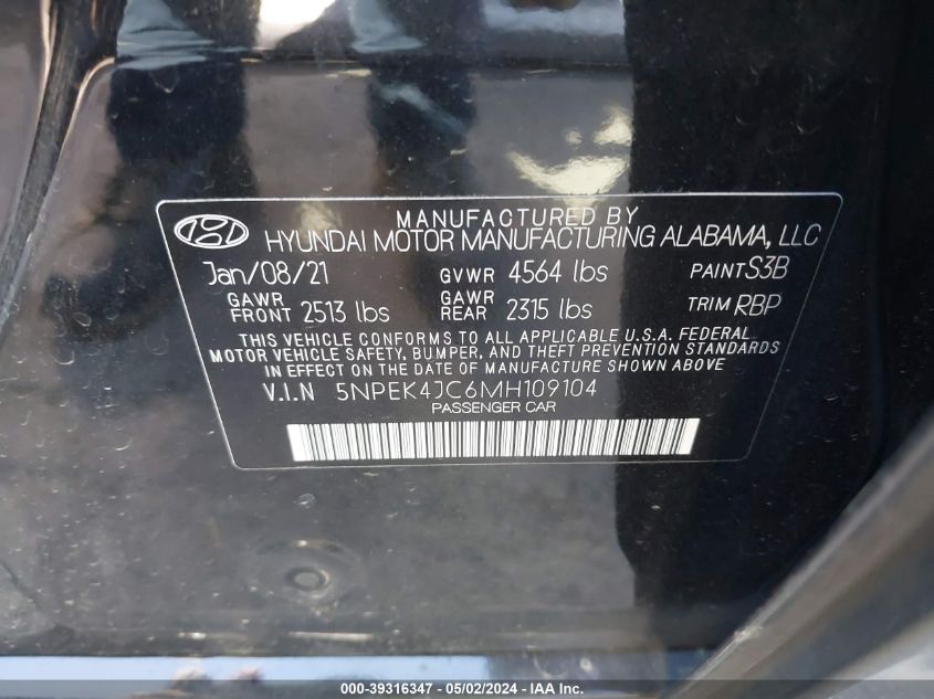 VIN 5NPEK4JC6MH109104 2021 HYUNDAI SONATA N LINE