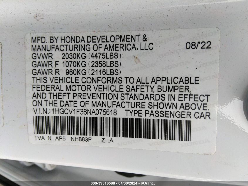 2022 Honda Accord Sport VIN: 1HGCV1F38NA075618 Lot: 39316588