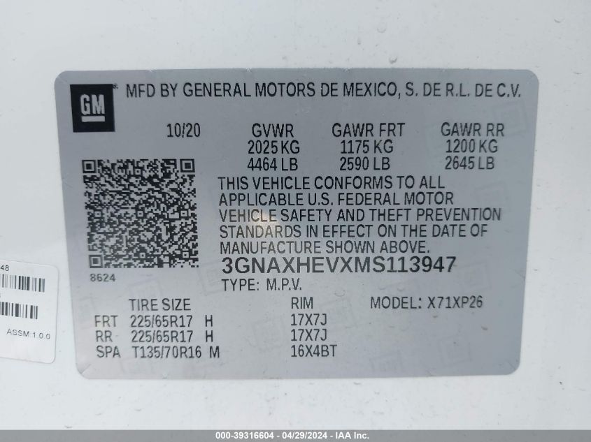 2021 Chevrolet Equinox Fwd Ls VIN: 3GNAXHEVXMS113947 Lot: 39316604