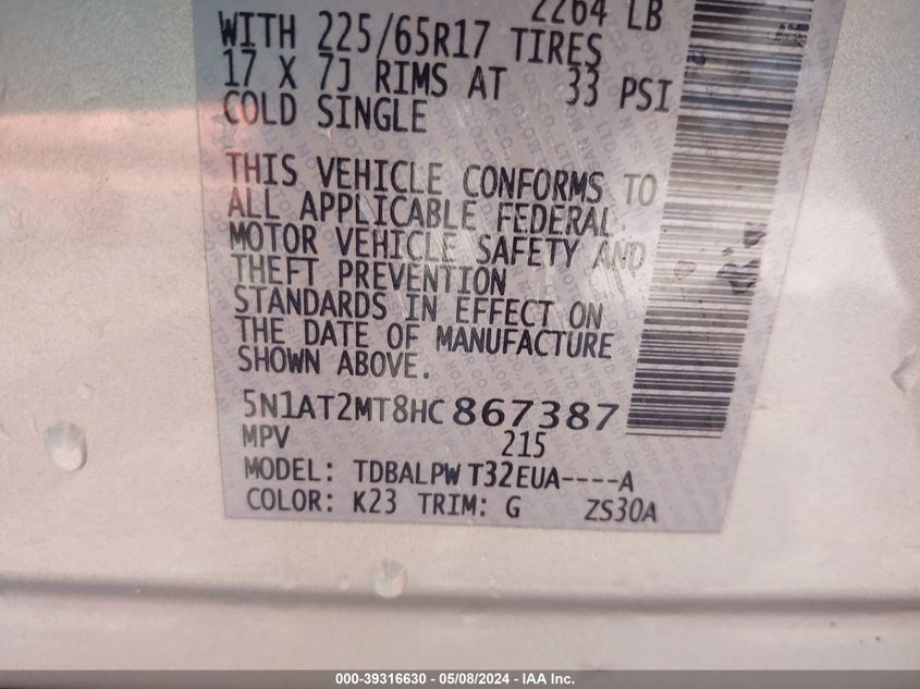 2017 NISSAN ROGUE S - 5N1AT2MT8HC867387