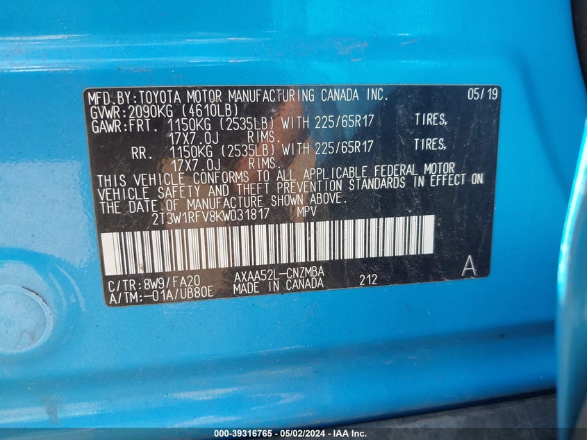 2019 TOYOTA RAV4 XLE - 2T3W1RFV8KW031817