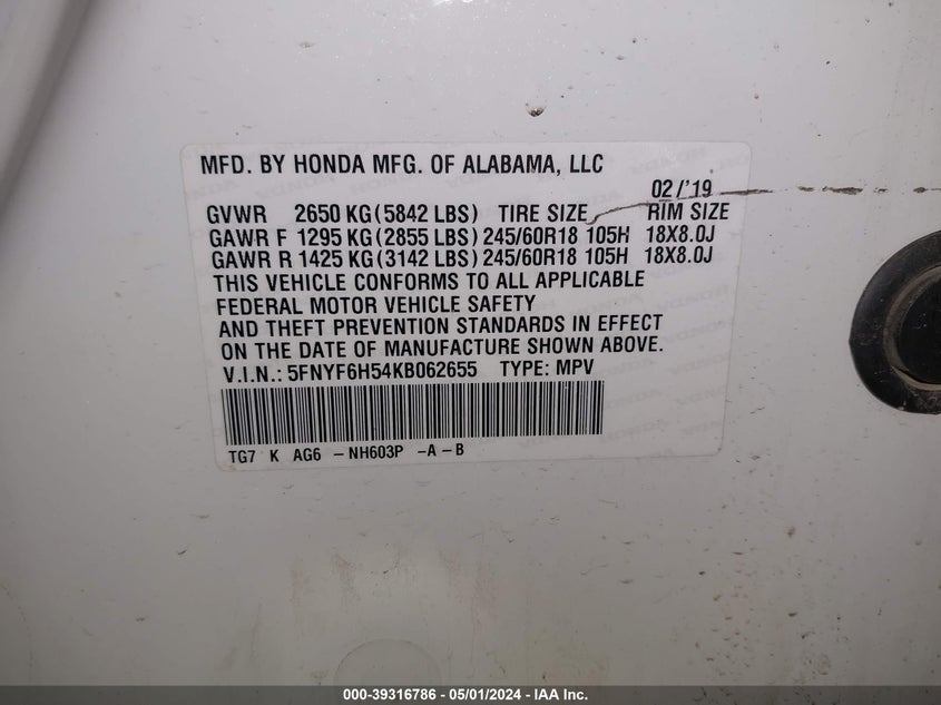 VIN 5FNYF6H54KB062655 2019 HONDA PILOT EXL