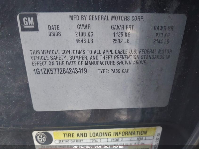 1G1ZK577284243419 | 2008 CHEVROLET MALIBU