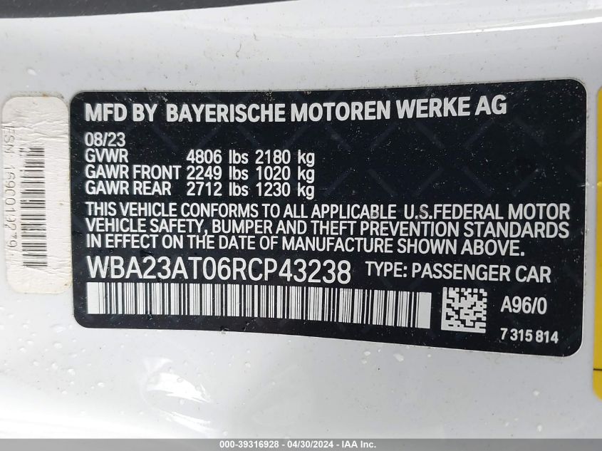 2024 BMW 4 Series 430I VIN: WBA23AT06RCP43238 Lot: 39316928