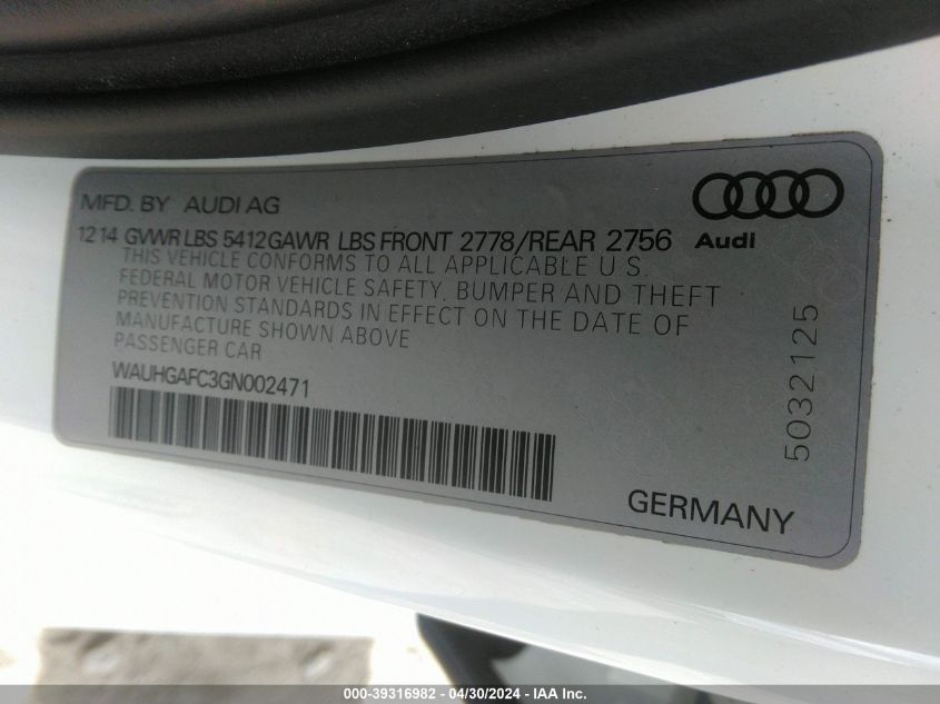 WAUHGAFC3GN002471 2016 Audi A6 3.0T Premium Plus