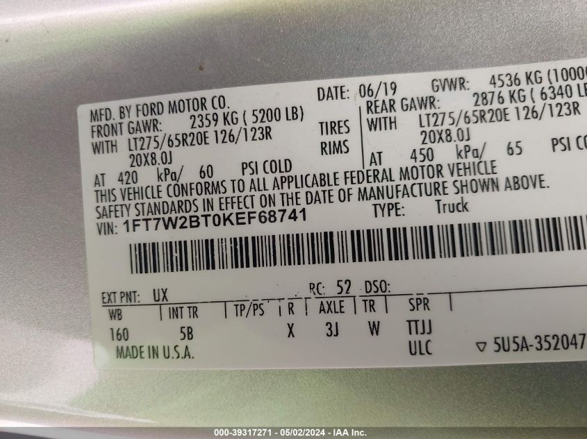 2019 Ford F-250 VIN: 1FT7W2BT0KEF68741 Lot: 39317271