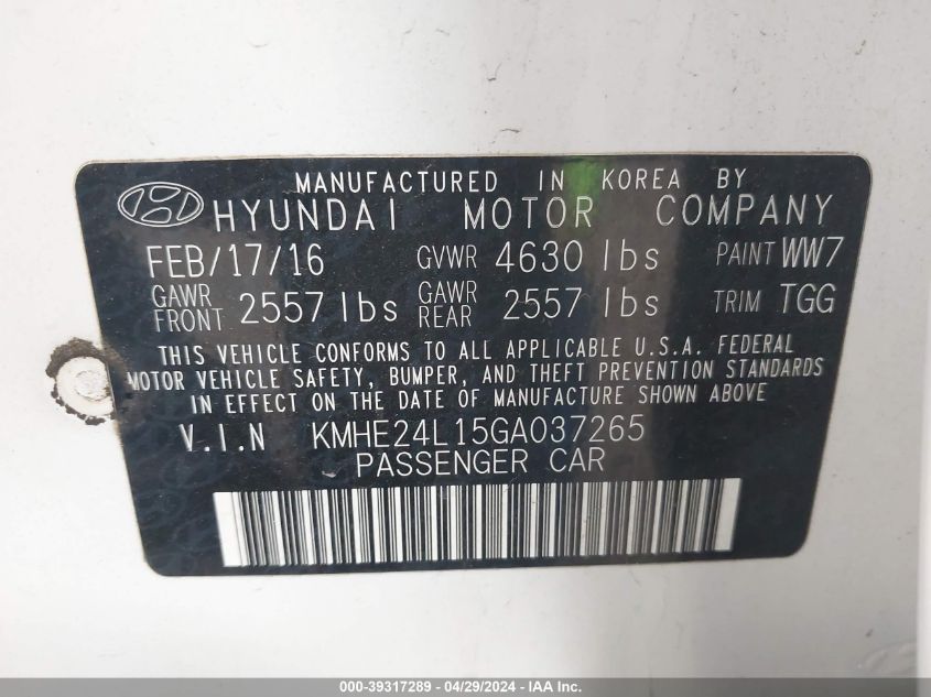 2016 Hyundai Sonata Hybrid Se VIN: KMHE24L15GA037265 Lot: 40752675