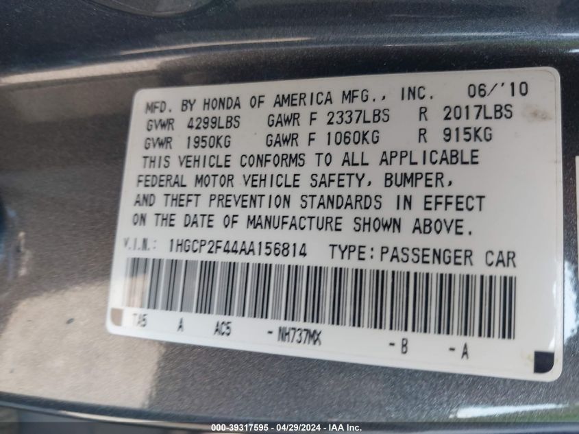 1HGCP2F44AA156814 | 2010 HONDA ACCORD