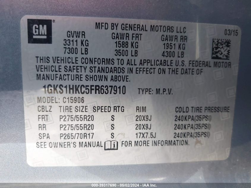 001GKS1HKC5FR6379 2015 GMC Yukon Xl 1500 Slt