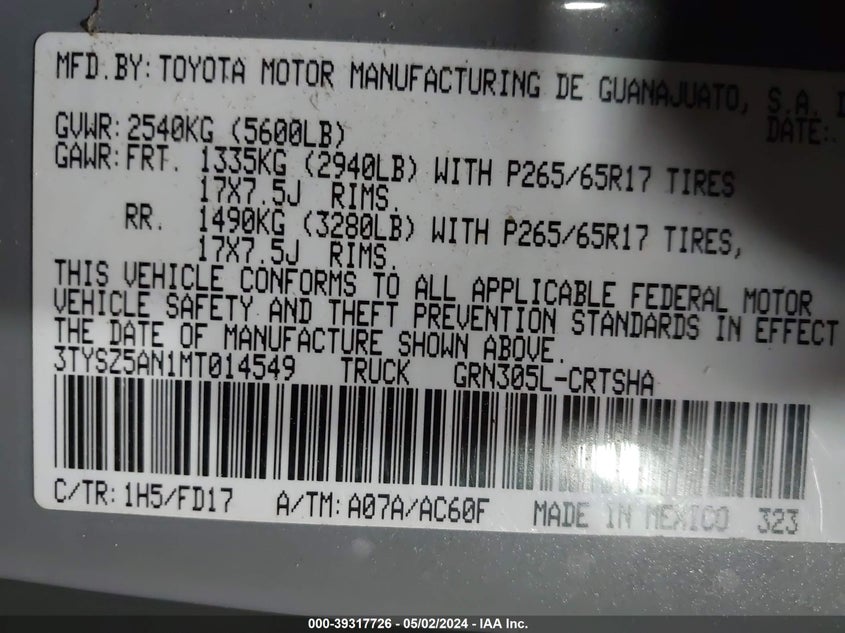 VIN 3TYSZ5AN1MT014549 2021 TOYOTA TACOMA