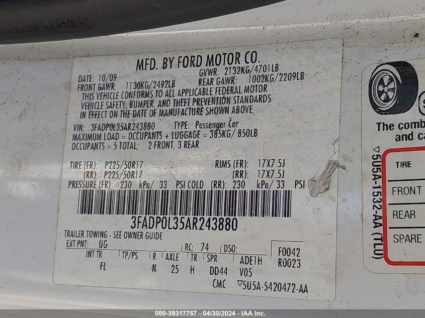 2010 Ford Fusion Hybrid VIN: 3FADP0L35AR243880 Lot: 39317757