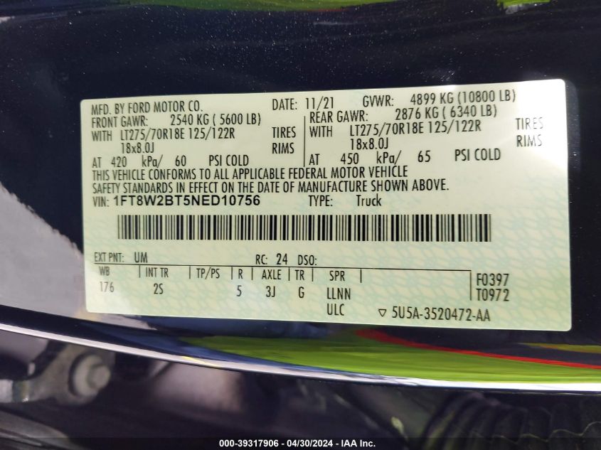 2022 Ford F-250 Xlt VIN: 1FT8W2BT5NED10756 Lot: 39317906