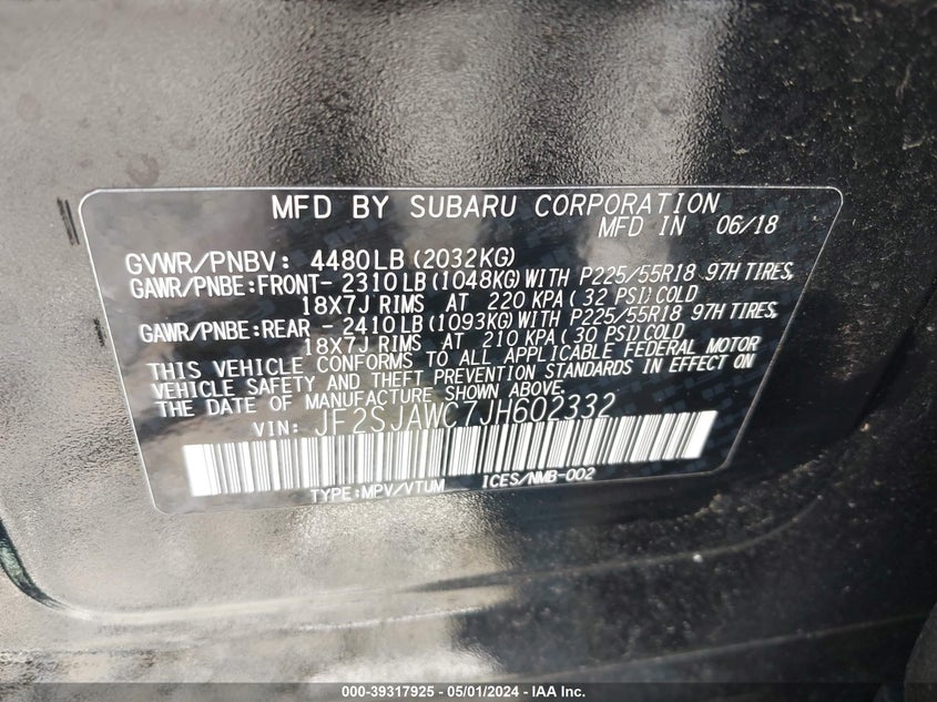 VIN JF2SJAWC7JH602332 2018 SUBARU FORESTER 2.5I TOURING