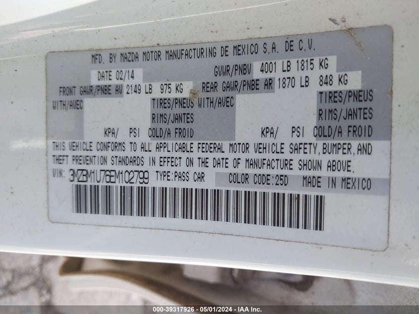 2014 MAZDA MAZDA3 I SPORT - 3MZBM1U76EM102799