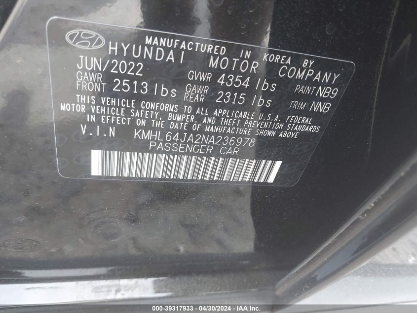 2022 Hyundai Sonata Sel VIN: KMHL64JA2NA236978 Lot: 39317933