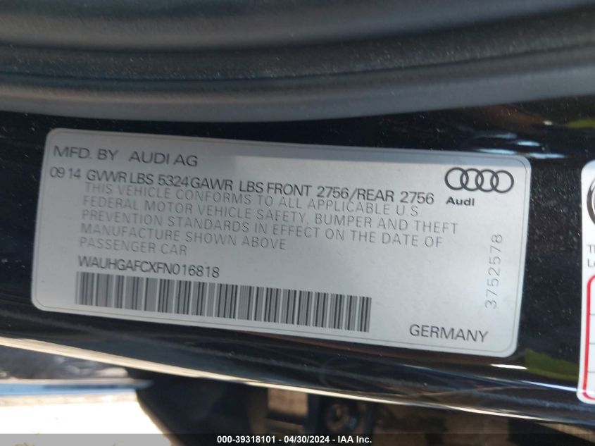 WAUHGAFCXFN016818 2015 Audi A6 3.0T Premium Plus