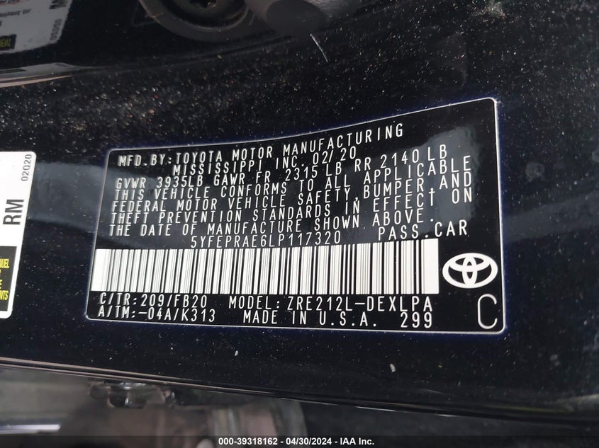 VIN 5YFEPRAE6LP117320 2020 TOYOTA COROLLA LE