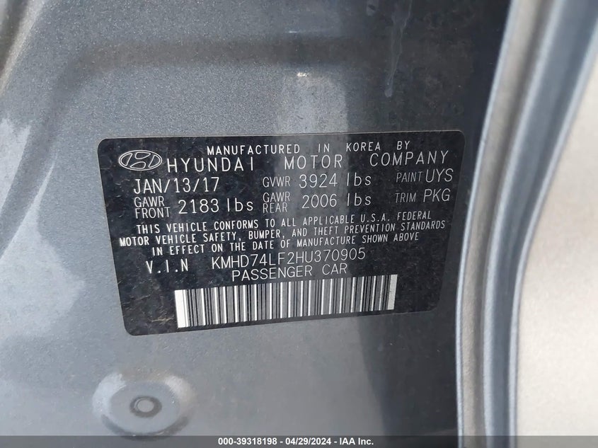 VIN KMHD74LF2HU370905 2017 HYUNDAI ELANTRA SE