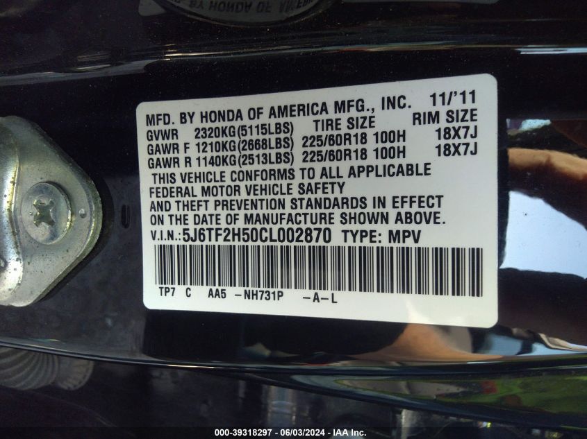 2012 Honda Crosstour Ex-L VIN: 5J6TF2H50CL002870 Lot: 39318297