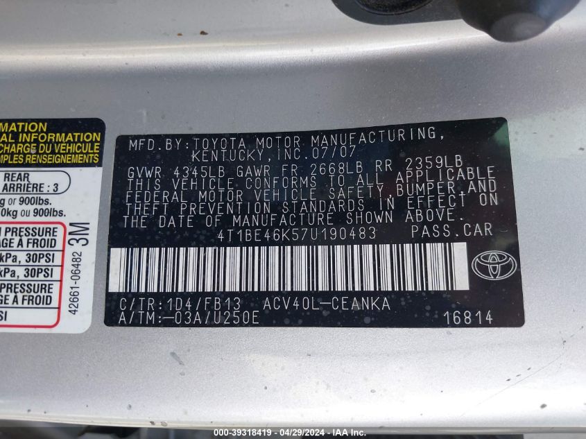 2007 Toyota Camry Le VIN: 4T1BE46K57U190483 Lot: 39318419
