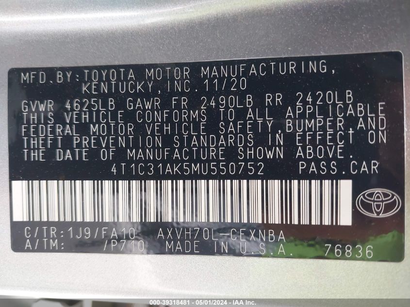 4T1C31AK5MU550752 2021 Toyota Camry Le Hybrid