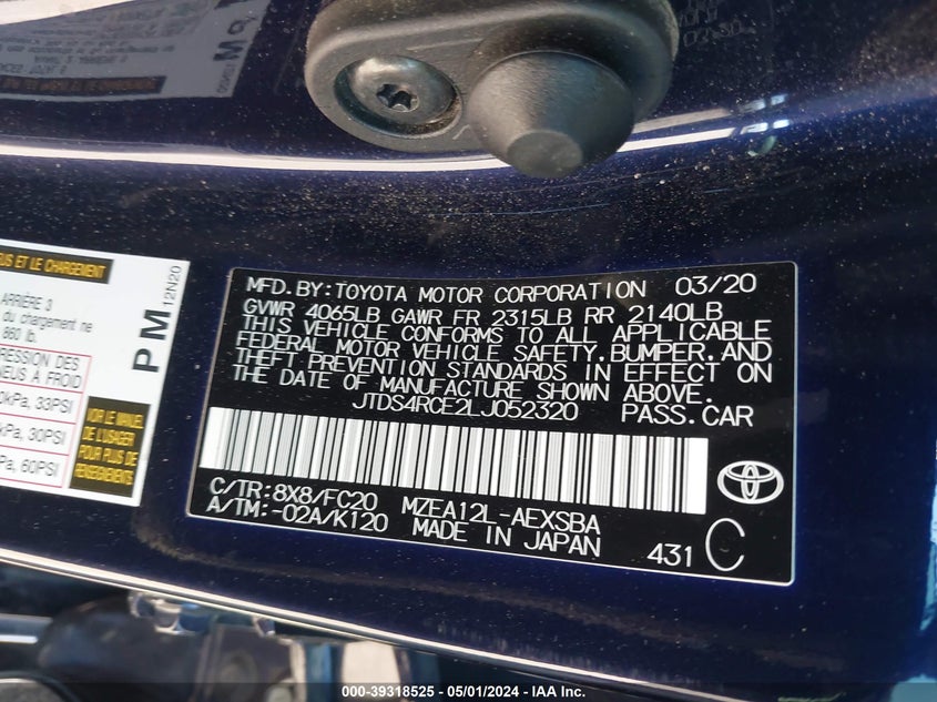 VIN JTDS4RCE2LJ052320 2020 TOYOTA COROLLA SE