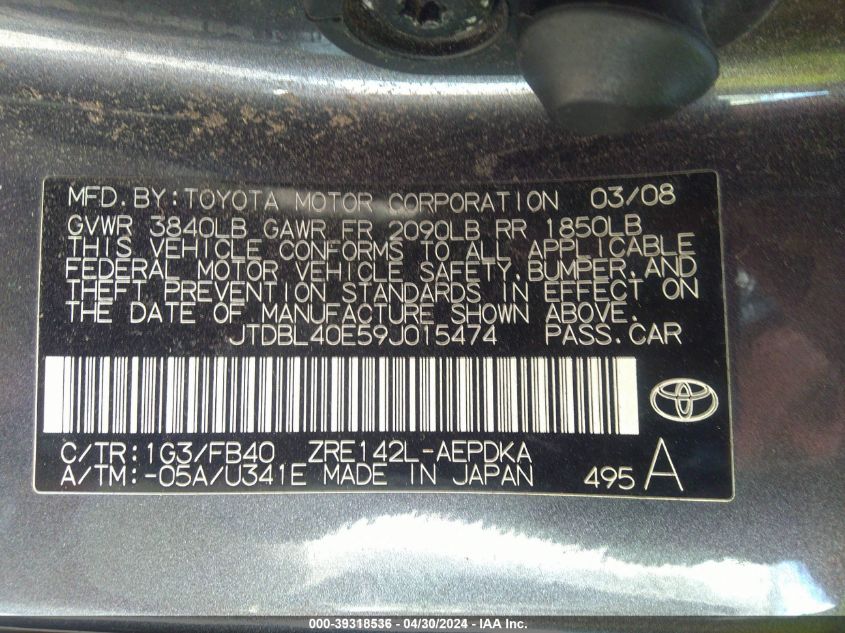 JTDBL40E59J015474 2009 Toyota Corolla Le