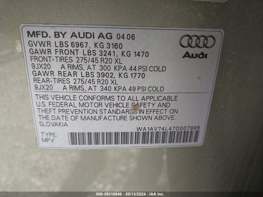 WA1AV74L47D007999 2007 Audi Q7 4.2