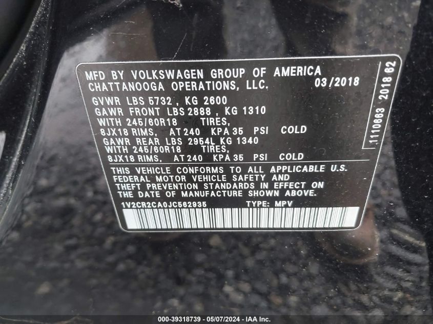 1V2CR2CA0JC562935 2018 Volkswagen Atlas 3.6L V6 Se