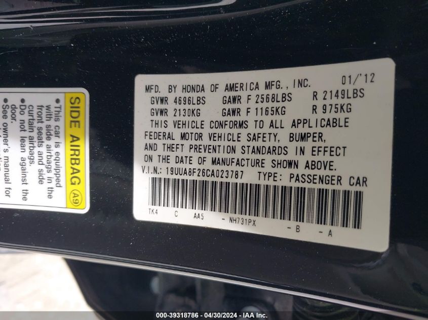 19UUA8F26CA023787 2012 Acura Tl 3.5