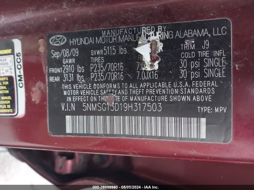 2009 Hyundai Santa Fe Gls VIN: 5NMSG13D19H317503 Lot: 39318960