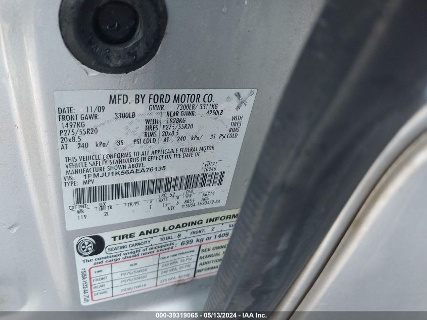 2010 Ford Expedition Limited VIN: 1FMJU1K56AEM76135 Lot: 39319065