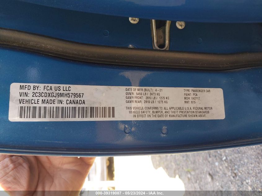 2021 Dodge Charger Scat Pack Rwd VIN: 2C3CDXGJ9MH579567 Lot: 39319087