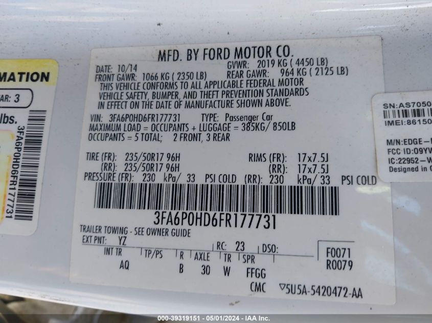 2015 Ford Fusion Se VIN: 3FA6P0HD6FR177731 Lot: 39319151