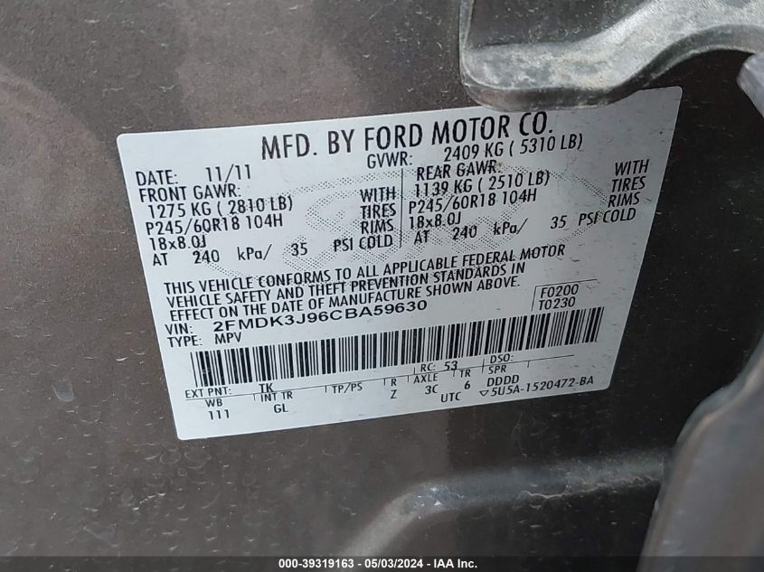 2FMDK3J96CBA59630 2012 Ford Edge Sel