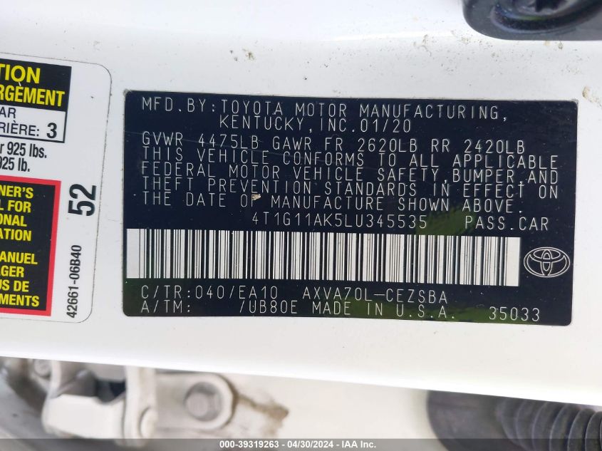 4T1G11AK5LU345535 | 2020 TOYOTA CAMRY