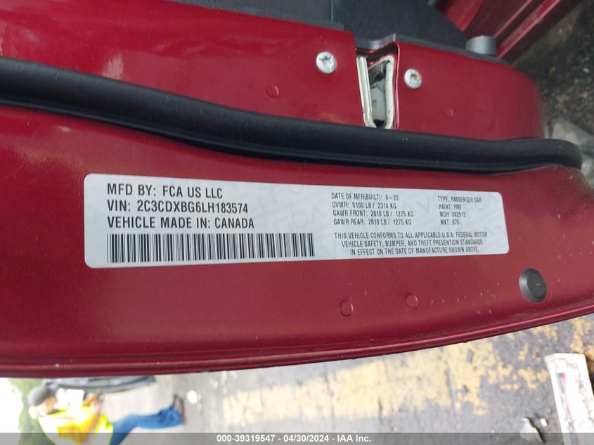 VIN 2C3CDXBG6LH183574 2020 DODGE CHARGER SXT