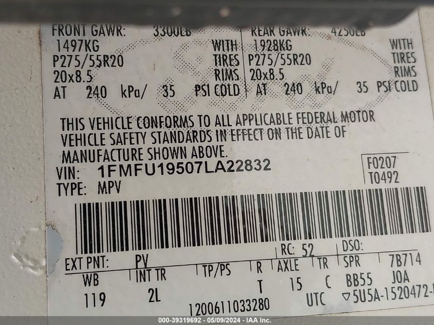 2007 Ford Expedition Limited VIN: 1FMFU19507LA22832 Lot: 39319692