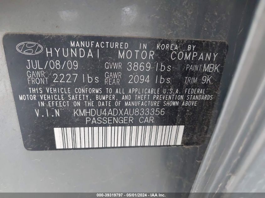 2010 Hyundai Elantra Gls VIN: KMHDU4ADXAU833356 Lot: 39319797