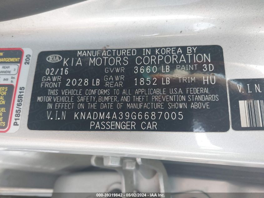 KNADM4A39G6687005 2016 Kia Rio Lx