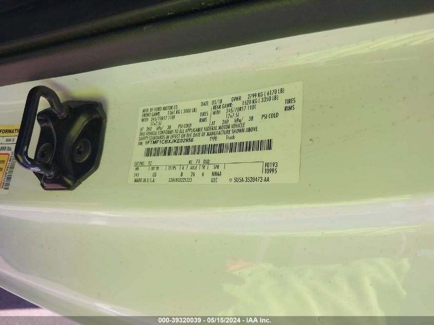 2018 Ford F-150 Xl VIN: 1FTMF1CBXJKE02956 Lot: 39320039