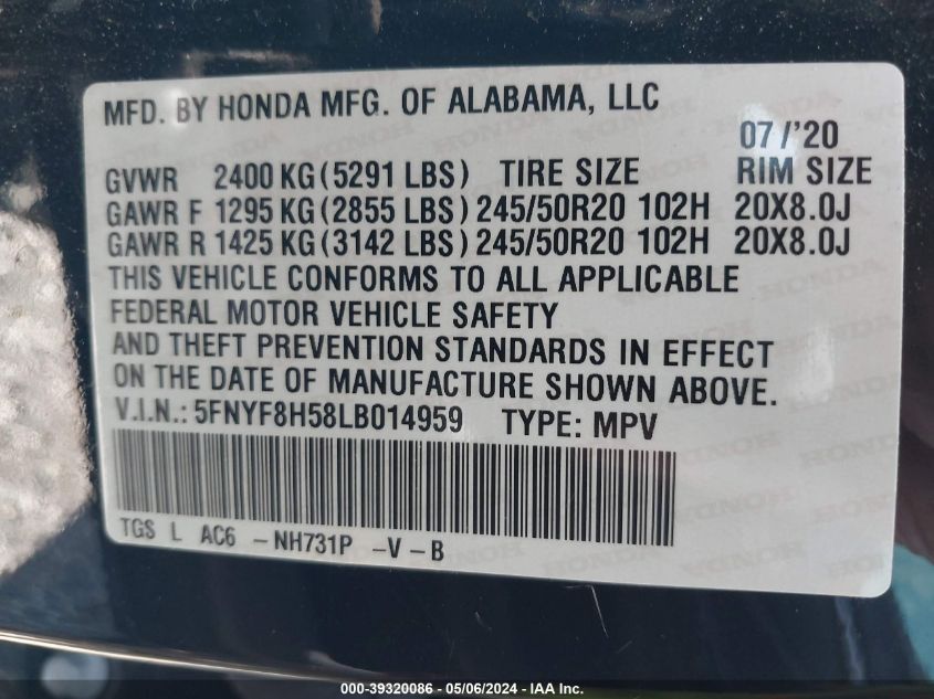 2020 Honda Passport Awd Ex-L VIN: 5FNYF8H58LB014959 Lot: 39320086